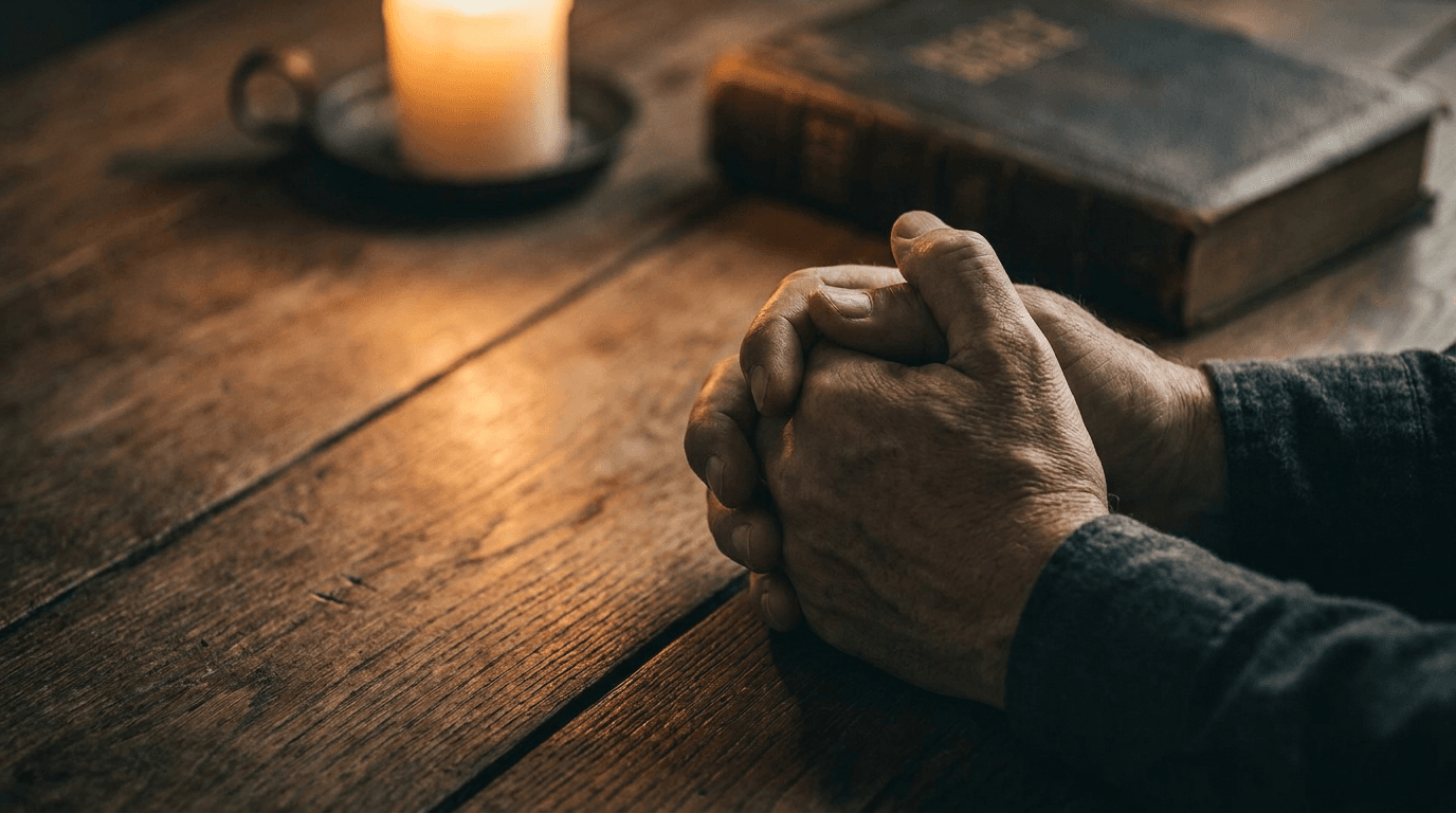 Hands folded in prayer beside a candle and Bible